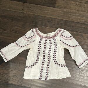 Lucky Brand Cream Blouse with Navy and Red Embroidery